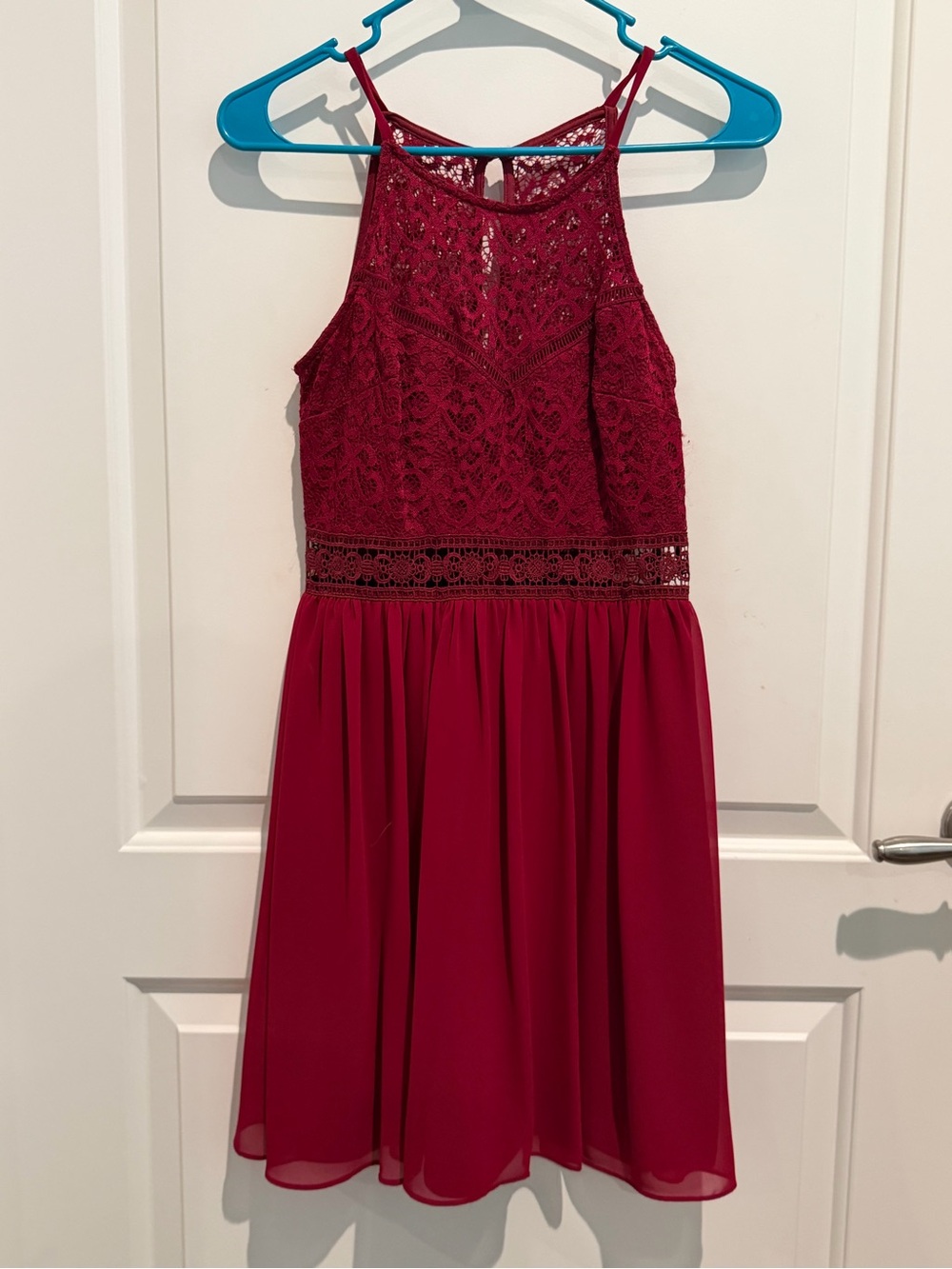 I.N. San Francisco Burgundy Lace Halter Chiffon Dress